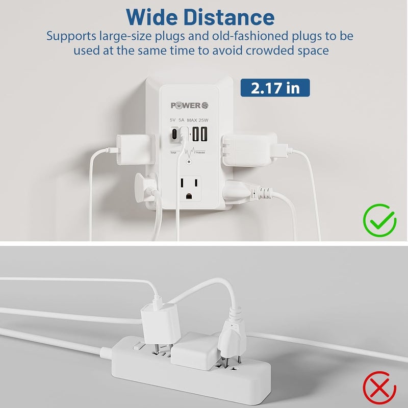 POWERS Electrical Outlet Extender with USB Ports (2C2A), Snug Wall Outlet, Surge Protector, Wall Plug Adapter for Multiple Devices, Wall Socket Expander - Image 4